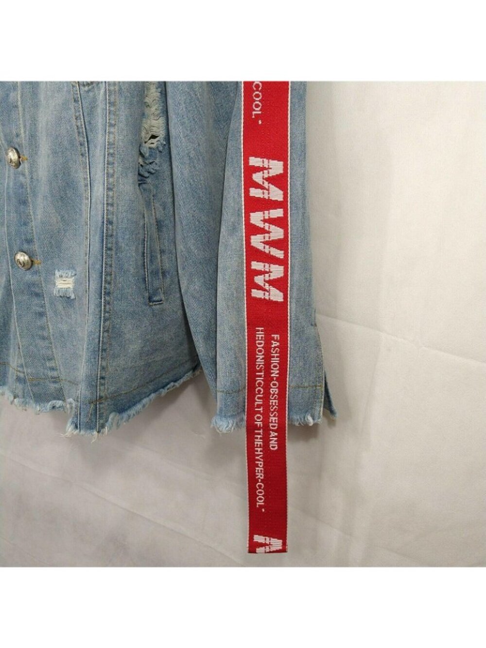 Mod Wave Movement Denim Jean Jacket Button Up Men Size XL Ripped Destroyed - Picture 4 of 12